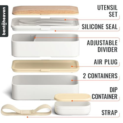 Bentoheaven Bento Box Adult, Stackable Lunch Box, 40 oz, Bright Light | BPA-free, leakproof and microwave-safe with 2 compartments, utensils, chopsticks, divider and sauce cup for men and women. - color: Bright Light