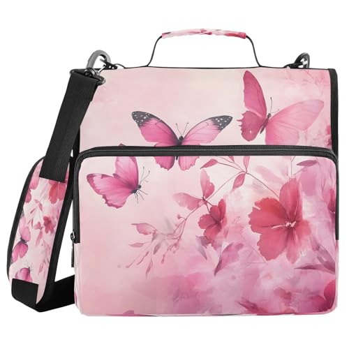 YETTASBIN Pink Butterflies 3-Ring Zipper Binder with Shoulder Strap & Handle - 1.5" Binder Organizer Water-Resistant Expandable File Folder with Multi Pocket for School & Office Supplies