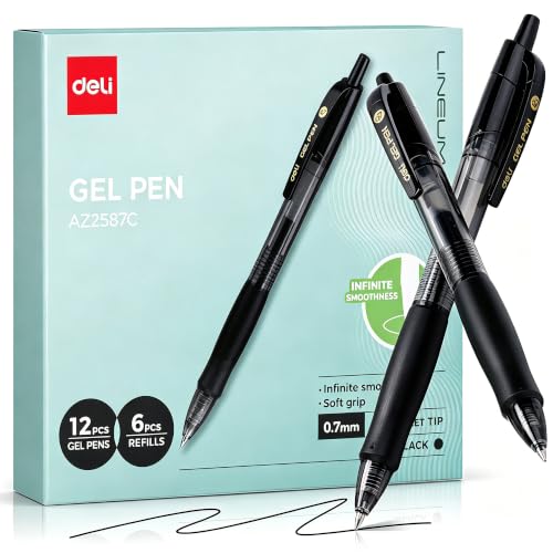 deli Gel Pens, Retractable 0.7mm Black Ink Pens, 12 Pcs Pens & 6 Refills | Medium Point Smooth Writing Pens, Quick-Dry No Bleed Comfort Grip for School, Office, Home Supplies - size: 12 PENS 6 REFILLS