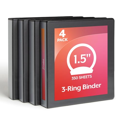 Cardinal Economy 3 Ring Binder, 1.5 Inch, Presentation View, Black, Holds 350 Sheets, Nonstick, PVC Free, 4 Pack of Binders (79519) - size: 1.5-Inch