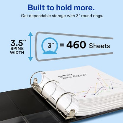 Avery Standard View 3 Ring Binder, 3" Round Rings, 460-Sheet Capacity, 3.5 Inch Wide Spine, 1 Black Binder, Ideal for Lightweight Organization and Occasional Referencing (05740) - size: 3"
