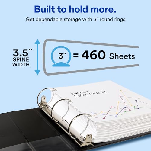 Avery Standard View 3 Ring Binder, 3" Round Rings, 460-Sheet Capacity, 3.5 Inch Wide Spine, 1 White Binder, Ideal for Lightweight Organization and Occasional Referencing (05741) - size: 3"