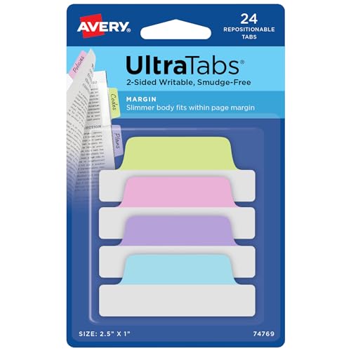 Avery Margin Ultra Tabs, 24 Repositionable Sticky Tabs, 2.5" x 1", 2-Side Writable Page Markers in Assorted Pastel Colors, 1 Pack (74769) - color: Assorted Pastel, style: 24 tabs