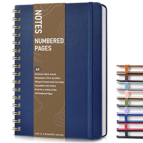 Lined Spiral Journal Notebook, A5 Hardcover Spiral Journals for Women Men, 150 Numbered Pages Spiral Bound Notebook, 100 GSM College Ruled Notebooks for Writing Note Taking 5.75" x 8.38", Navy Blue - color: Navy Blue, size: Line