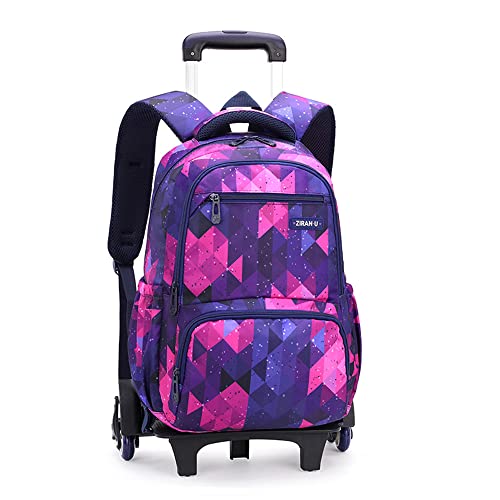 Geometric Rolling Backpack for Girls Kids Backpack with Wheels Roller School Bag Wheeled Bookbag - color: Purple, size: Small