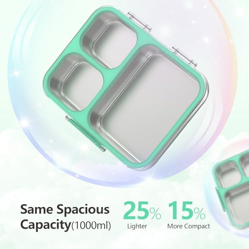 Stainless Steel Bento Lunch Box, 34oz/1000ml Leak Proof Metal Container, Lightweight 3mm Ultra-Narrow Bezel with Tritan Lid for Kids & Adults, 3-Compartment, BPA/BPS Free, Dishwasher Safe, Green - color: Green, size: 34oz/1000ml