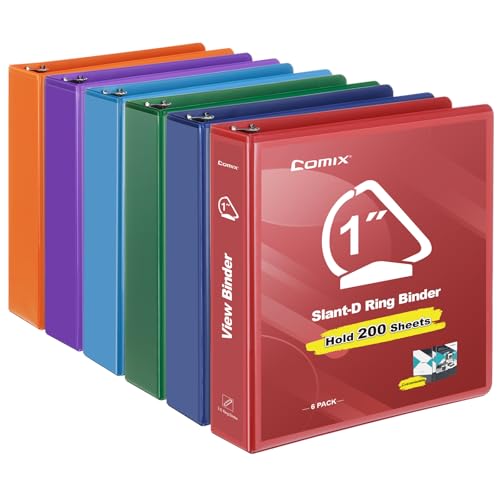 COMIX Sturdy 1 Inch Binders 3 Ring with Clear View Cover, 1" Slant-D Ring View Binder Holds 225 Sheets of US Letter Size Paper, 6 Pack (Multicolored) - color: Multicolored, size: 1 inch