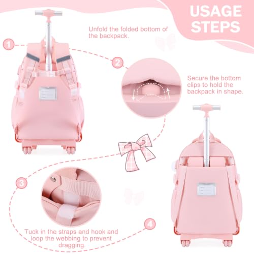 Bevalsa Rolling Backpack for Girls, Roller Backpack with Wheels, Cute Bow Plaid Wheeled School Bookbag Set with Lunch Bag & Pen Case, Suitcases for Kids Teens Elementary Middle Student (Pink) - color: Pink Plaid