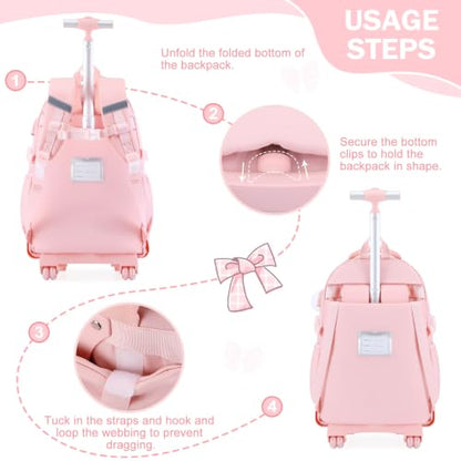Bevalsa Rolling Backpack for Girls, Roller Backpack with Wheels, Cute Bow Plaid Wheeled School Bookbag Set with Lunch Bag & Pen Case, Suitcases for Kids Teens Elementary Middle Student (Pink) - color: Pink Plaid