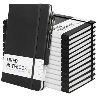 Aodaer 12 Set Lined Notebook Journals with Pens A5 Notebooks 100 GSM College Ruled Hardcover Notebook PU Leather Notepad with Pen Holder for Office School, 5.7 x 8.3 Inches, Black - color: Black