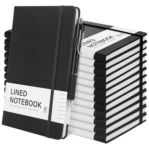 Aodaer 12 Set Lined Notebook Journals with Pens A5 Notebooks 100 GSM College Ruled Hardcover Notebook PU Leather Notepad with Pen Holder for Office School, 5.7 x 8.3 Inches, Black - color: Black