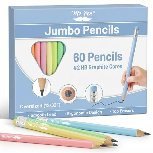 Mr. Pen- Jumbo Pencils, 60 pcs, Preschool Pencils, Large Pencil | Pastel Barrels and Black 2 HB Graphite Cores, Smooth Lead, Latex-Free Eraser Top with Metal Ferrule - color: Soft Pastel Barrels, size: 60 pcs