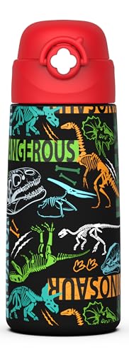Boys Insulated Water Bottle with Covered Pop-Up Straw,16 oz Kids Cups with Stainless Steel Leak Proof for School（Red-Dinosaur） - color: A24.Dinosaur-Red, style: 1Pack