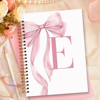 JXREQ Coquette Pink Bow Personalized Notebook, Initial Letter E Monogram Journal, Preppy Girly Ribbon Bow Journal, Monogrammed Gifts for Women, Aesthetic Spiral Notebook 5.5x8.3 - color: Epink