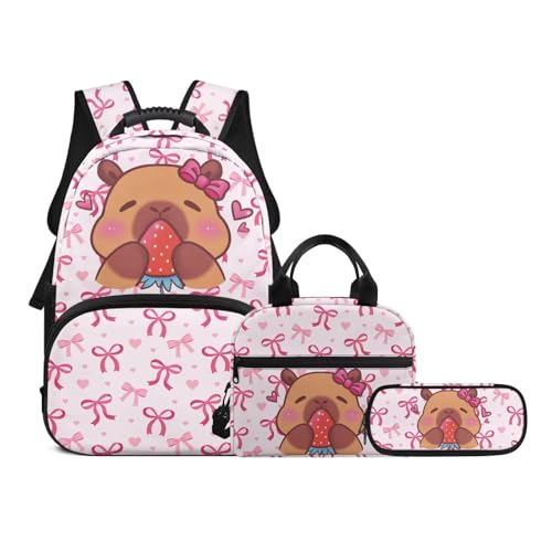 3-in-1 School Backpack for Teens Girls,Capybara Strawberry Kids Backpack with Adjuatable Strap 17 Inch Bookbag Set with Lunch Box and Pencil Case - color: Pink Bows-capybara Strawberry