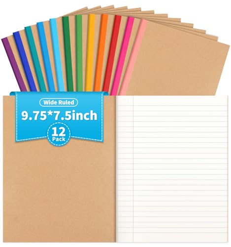 12 Pack Composition Notebook Journals Bulk, 7-1/2" x 9-3/4", Wide Ruled Paper, 30 Sheets/60 Pages, Kraft Cover with Rainbow Spines, 12 Colors School Lined Notebook Journal for Work Study Note Taking - style: Composition Paper-12pack