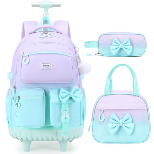 Bevalsa Rolling Backpack for Girls, Roller Backpack with Wheels, Cute Bow Wheeled School Bookbag Set with Lunch Bag & Pen Case, Suitcases for Kids Teens Elementary Middle Student (Purple Green) - color: Purple Green