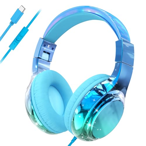 QearFun USB C Kids Headphones Wired with Mic, 85/94dB Safe Volume Limit, Foldable Over Ear, Tangle-Free Cord & Sharing Port, Wired On-Ear Headset for School, Chromebook, Tablet, Travel-Boys & Girls - color: Blue