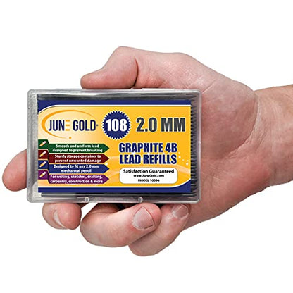 June Gold 2.0 mm, 108 Lead Refills, 4B, 90 mm Length, Sturdy Carrying Case | Extra Bold Thickness, Break Resistant Graphite, Sketching, Shading, Blending, Construction, Carpentry - color: 4b Graphite, style: 2.0 mm