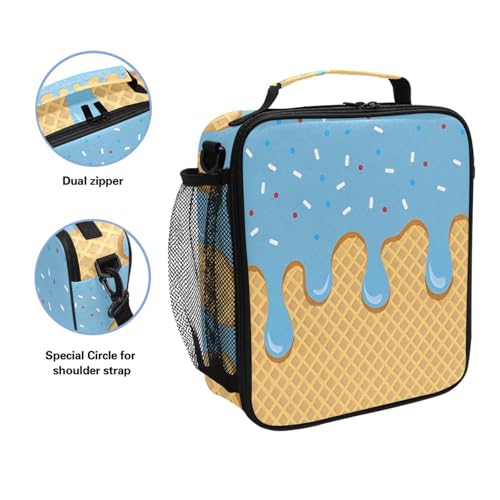 ALAZA Blue Ice Cream Lunch Box Insulated Lunch Bag Kids Cooler Tote Bag Freezable Shoulder Strap Lunchbox for Girls School Picnic - color: Multi88