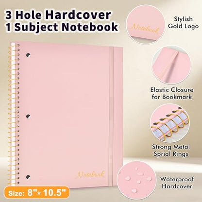 MUAHLIUB Spiral Notebook Wide Ruled Paper 8" x 10 1/2", 1 Subject Spiral Notebook, 3-Hole Punched Perforated Pages Ideal for School, Office, Writing, 95 Sheets Lined Journaling Notebook, Pink - color: Pink