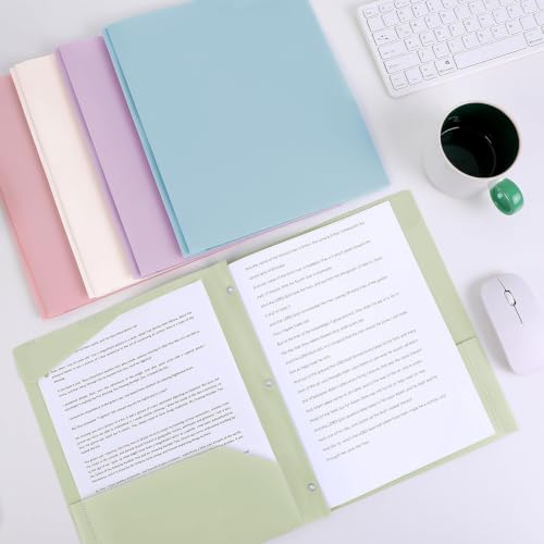 SKYDUE Folders with Pockets and 3 Prongs, 5 Pack Plastic Pastel Pocket Folders, 9.7" x 11.5", Muted - color: Muted