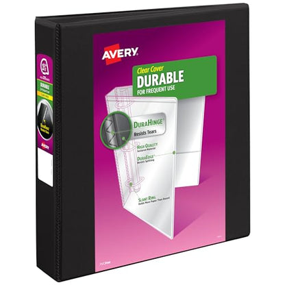 Avery Durable View 3 Ring Binders, 1.5 Inch Slant Rings, 375-Sheet Capacity, DuraHinge, 2.1 Inch Wide Spine, Customizable Clear Covers and Spine, 1 Black Binder (17021) - size: 1.5"