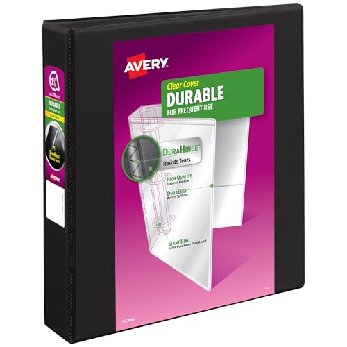 Avery Durable View 3 Ring Binders, 1.5 Inch Slant Rings, 375-Sheet Capacity, DuraHinge, 2.1 Inch Wide Spine, Customizable Clear Covers and Spine, 1 Black Binder (17021) - size: 1.5"