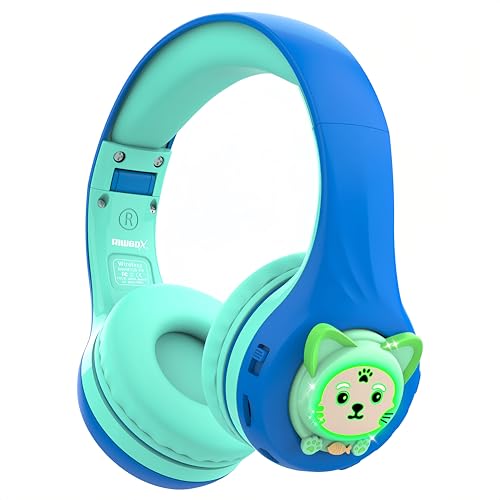 Riwbox CB-7S Kids Wireless Headphones,with Safe Volume Control 74/85/95dB,LED Glow Lights,50H Playtime,Bluetooth V5.3,Built-in Mic, TF Card Slot,for Travel/School/Phone/Laptop(Blue&Green) - color: Blue&Green