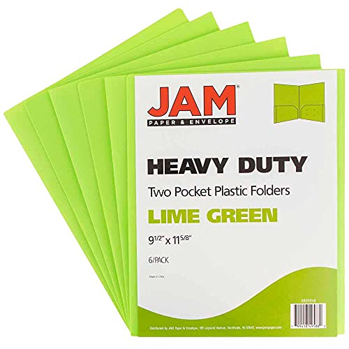 JAM PAPER Heavy Duty Plastic 2 Pocket Extra Tough School Folders - Lime Green - 6/Pack - color: Lime Green, size: 6 Per Pack