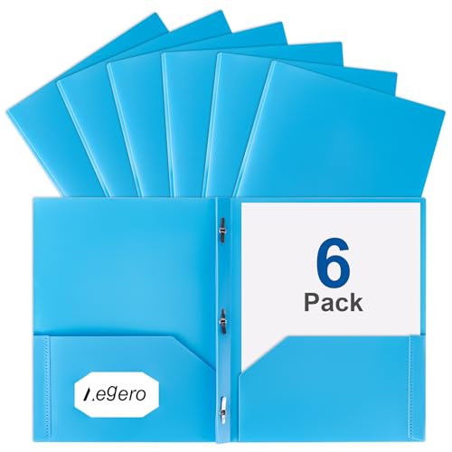 Aegero Folders with Pockets and Prong with Fasteners (6 Pack,Sky Blue),Durable Plastic Pocket Folders with Prongs,Tear Resistant,2 Pocket 3 Prong Folders for Schoolwork & Office,Letter Size - color: Sky Blue, size: 1 Set（6pack）