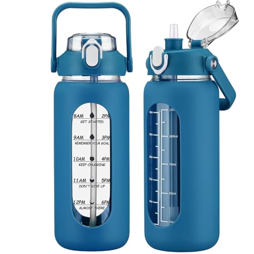 56oz Glass Water Bottles with Straw, Motivational Glass Bottle with Silicone Sleeve and Time Marker, Leakproof Large Glass Water Jug for Gym Home Office,Iron Blue - color: Iron Blue, size: 56 Ounces