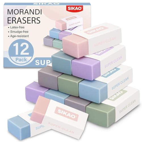 Morandi Erasers, 12 Pack Aesthetic Block Pencil Erasers | Soft Neutral Colors, Smudge-Free Latex-Free Erasers for School, Office, Journaling & Drawing - style: Morandi
