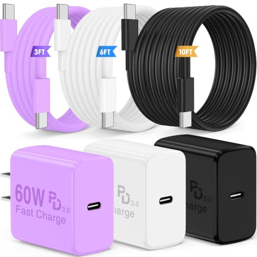 QZIIW Super Fast Charger Type C, 60W Colorful Mixed USB C Fast Charger Block 3 Pack & Extra Long 60W 3/6/10FT USB C Cable - PD Quick Charging 3.0 for iPhone 17 16 15 Samsung Galaxy S26 Ultra S25 S24+ - color: Purple+White+Black