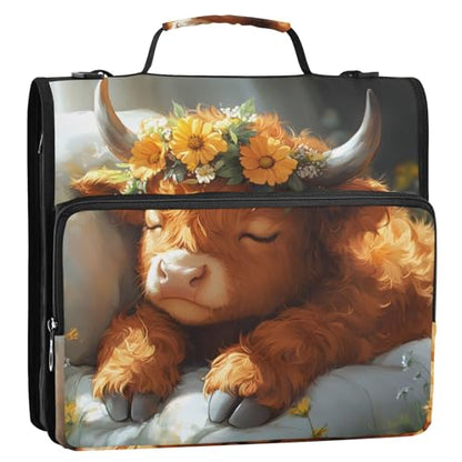Cute Highland Cow 3 Ring Zipper Binder Bag Binder Organizer with Handle Shoulder Strap for School Work Office Supplies - color: Cute Highland Cow