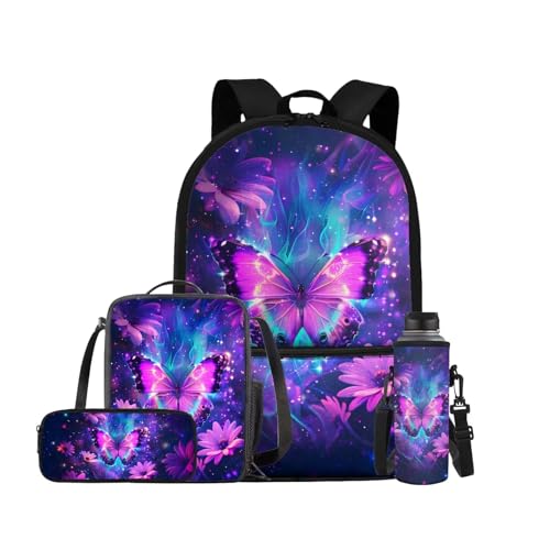 Galaxy Butterfly Backpack for Girls Kids Backpack with Lunch Box Water Bottle Pouch and Soft Pencil Case 4PCS Set Bookbag with Front Pocket for School Teens 17 inch School Bag with Side Pocket - color: Aesthetic Galaxy Butterfly and Flower