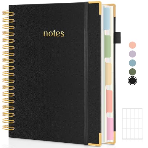 SKYDUE 5 Subject Notebook with Dividers and Tabs, 8" x 10" College Ruled Notebook for Work, 300 Pages Spiral Journal for Women, Black - color: Black