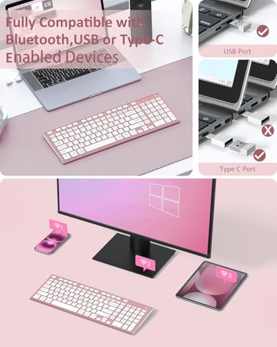 FENIFOX Wireless Keyboard, Bluetooth & 2.4G USB & USB-C Rechargeable Silent Ultra Quiet Low Profile Compact Full Size with Number Pad Soft Multi Device for Mac MacBook Windows PC - Pink & Rose Gold - color: Pink