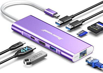 Hiearcool USB C Hub, USB C Dock with Ethernet, 4K@60 HDMI, Purple - color: Purple