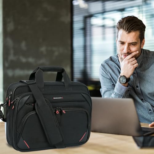 KROSER 15.6 Inch Laptop Briefcase Computer Bag, Messenger Shoulder Bag | Water Repellent Polyester, Detachable Shoulder Strap, Luggage Strap Design for Business, College, Men & Women-Black-Red - color: Black/Red, size: 15.6 INCH