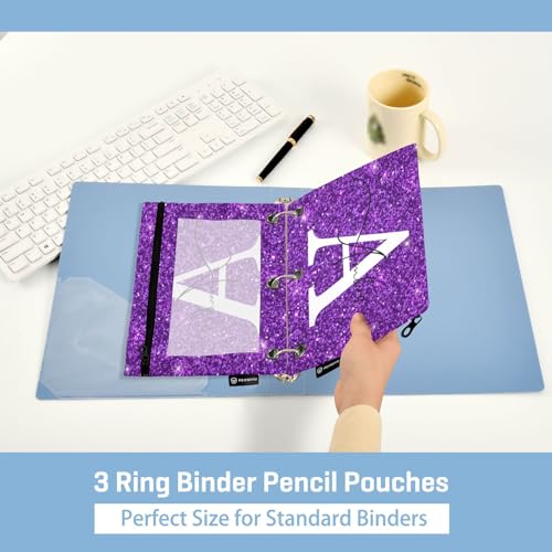 Personalized Pencil Pouch for 3 Ring Binder Glitter Purple Texture Custom Pencil Pouches Case Binder Cosmetic Bag 2 Pack for Office School College Supplies - color: Glitter Purple