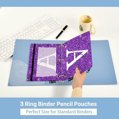 Personalized Pencil Pouch for 3 Ring Binder Glitter Purple Texture Custom Pencil Pouches Case Binder Cosmetic Bag 2 Pack for Office School College Supplies - color: Glitter Purple