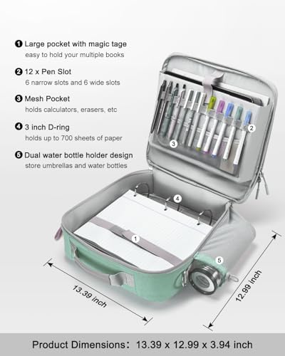 3 Inch 3-Ring Zipper Binder with Water Bottle Holder and Handle | D-Ring Zip Up Binder with Shoulder Strap, 700 Sheet Capacity, Compatible with 13" MacBook/Tablet, for School, Office, Green - color: Green