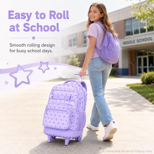 HPJGD 3PCS Girls Rolling Backpack, Purple Star Wheeled School Backpacks, Water-Resistant Roller Bookbag Set - color: Purple Star Rolling Backpack Set