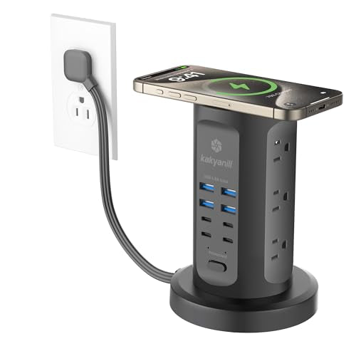 Power Strip Tower, kakyanill Surge Protector Tower 9 AC Outlets 8 USB (4 USB C), 6 Ft Retractable Extension Cord, Charging Station for Office Dorm Room, Black - color: Black, size: 24W