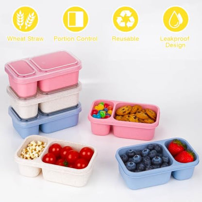DOSEWART 6Pack 2-Compartment Reusable Snack Containers with Lids, Wheat Straw Reusable Snack Packs for Meal Prep Food Storage On-the-Go Snacking