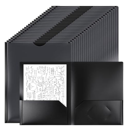 24 Pcs Plastic Folders with Front Clear Pocket and Business Card Holder 2 Pocket Heavy Duty Folders Plastic Letter Size Paper for Business School Office Supplies - color: Black