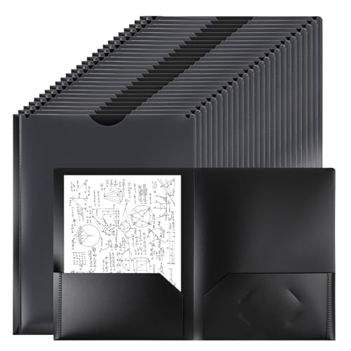 24 Pcs Plastic Folders with Front Clear Pocket and Business Card Holder 2 Pocket Heavy Duty Folders Plastic Letter Size Paper for Business School Office Supplies - color: Black