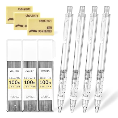 deli 0.5mm Mechanical Pencil Set, 3 PCS White Mechanical Pencils with 300PCS HB Leads & 3 Erasers, Aesthetic School Supplies for Art, Drafting, Writing, Students