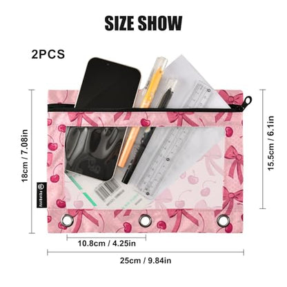 Pink Bow Cherry Pencil Pouch for 3 Ring Binder 2 Pack Zipper Binder Pencil Bag with Clear Window Pencil Case for Office Supplies - color: Multi117